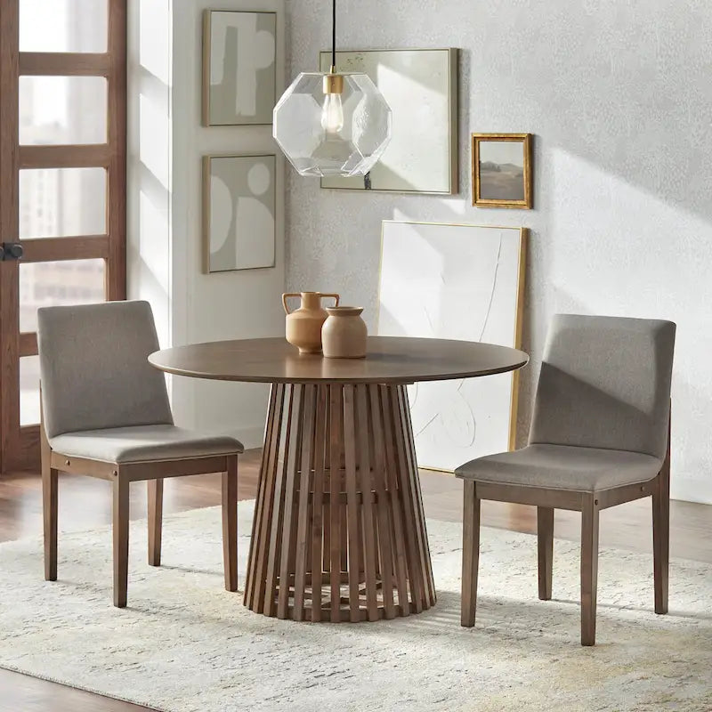 Table à manger ronde moderne du milieu du siècle avec piédestal à lattes Noyer Noir