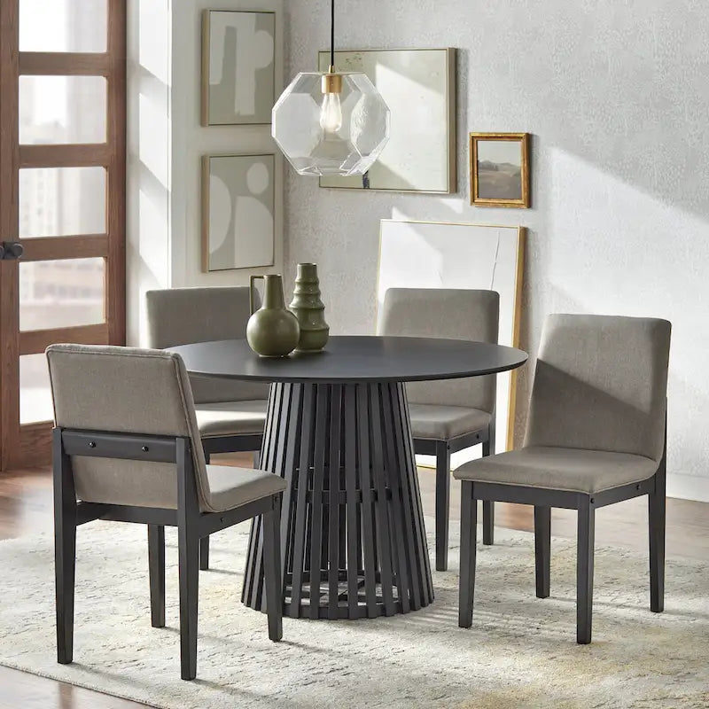 Table à manger ronde moderne du milieu du siècle avec piédestal à lattes Noyer Noir
