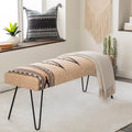 Banc rembourré de style sud-ouest, coton végétalien aztèque crème, pieds en épingle bleus foncés