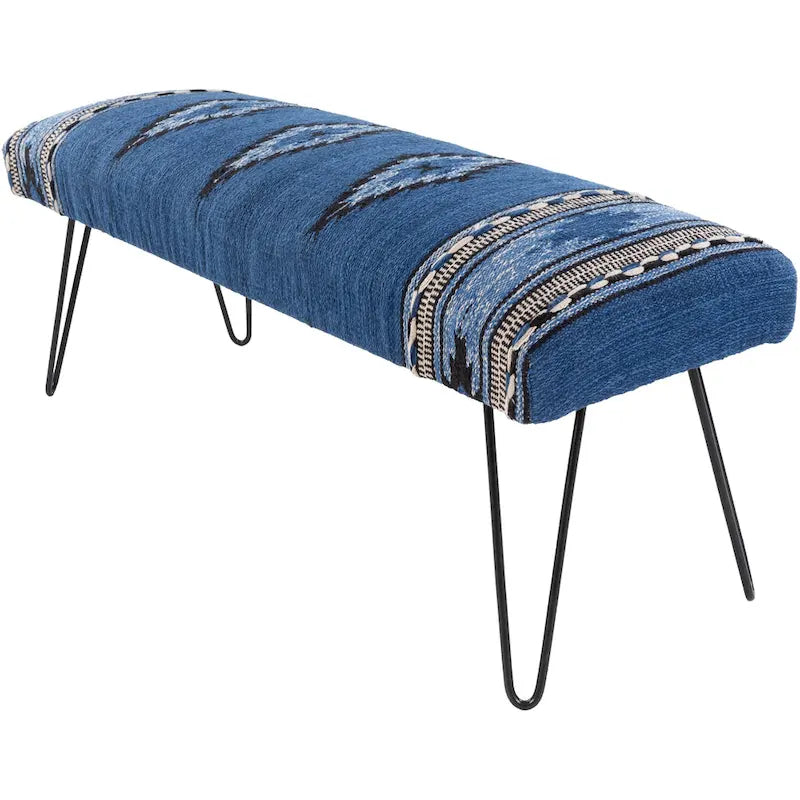 Banc rembourré de style sud-ouest, coton végétalien aztèque crème, pieds en épingle bleus foncés