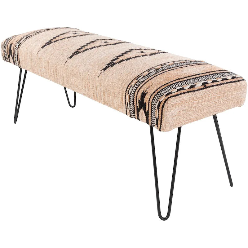 Banc rembourré de style sud-ouest, coton végétalien aztèque crème, pieds en épingle bleus foncés