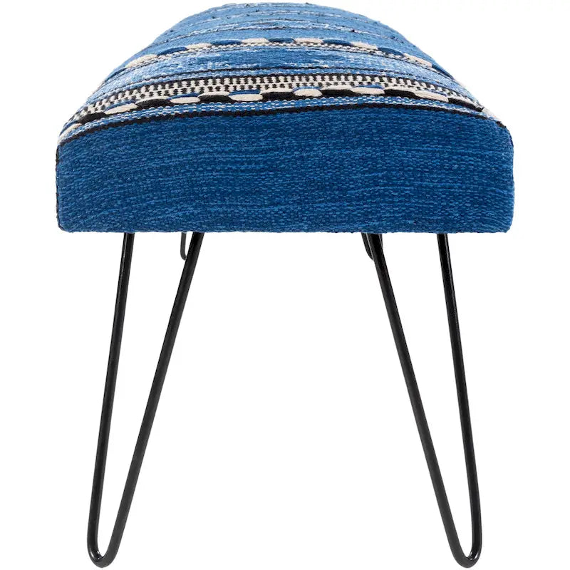 Banc rembourré de style sud-ouest, coton végétalien aztèque crème, pieds en épingle bleus foncés