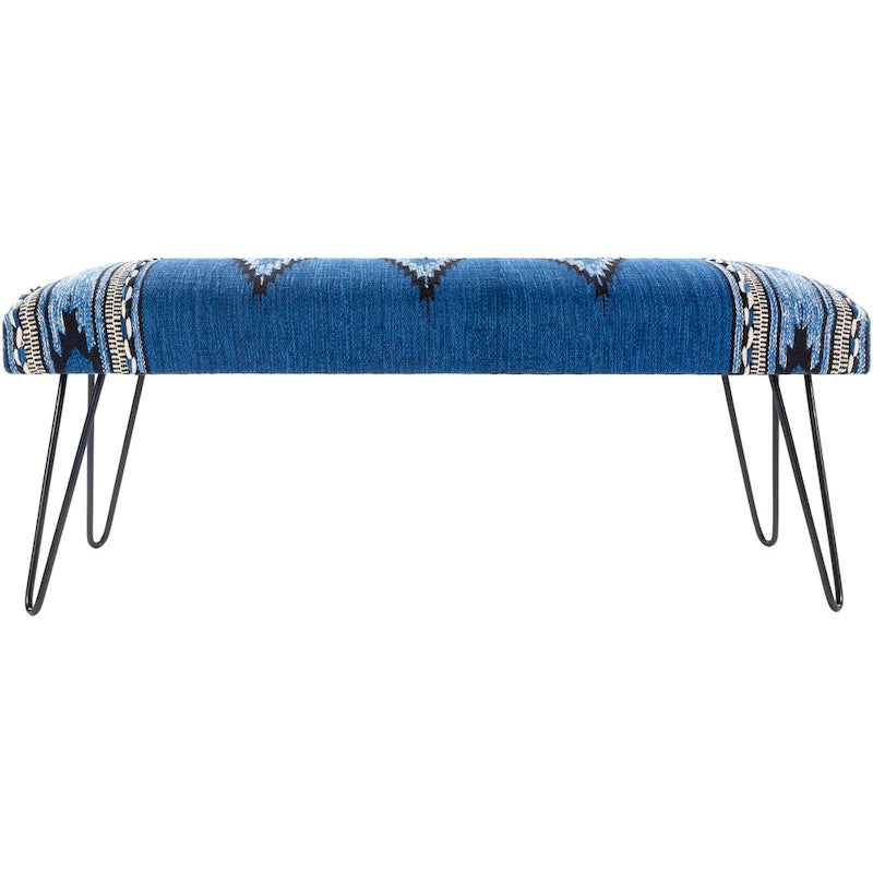 Banc rembourré de style sud-ouest, coton végétalien aztèque crème, pieds en épingle bleus foncés