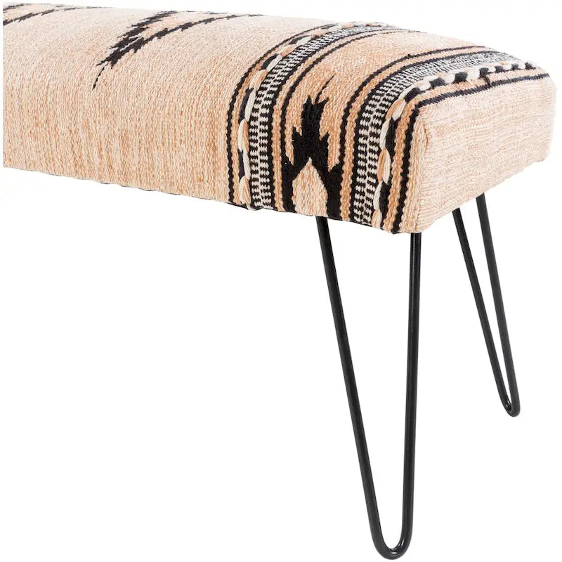 Banc rembourré de style sud-ouest, coton végétalien aztèque crème, pieds en épingle bleus foncés