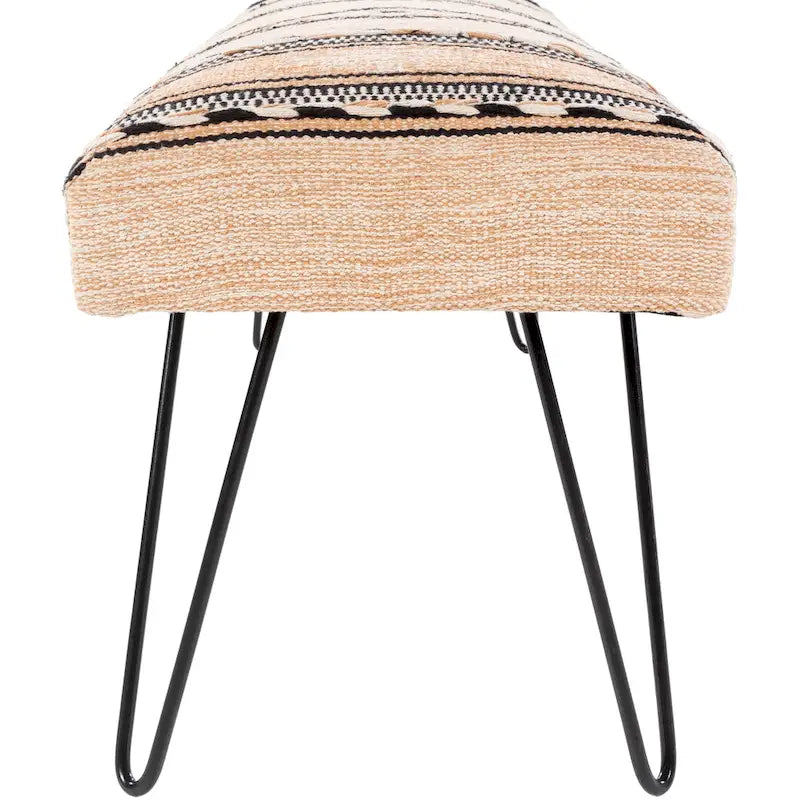 Banc rembourré de style sud-ouest, coton végétalien aztèque crème, pieds en épingle bleus foncés