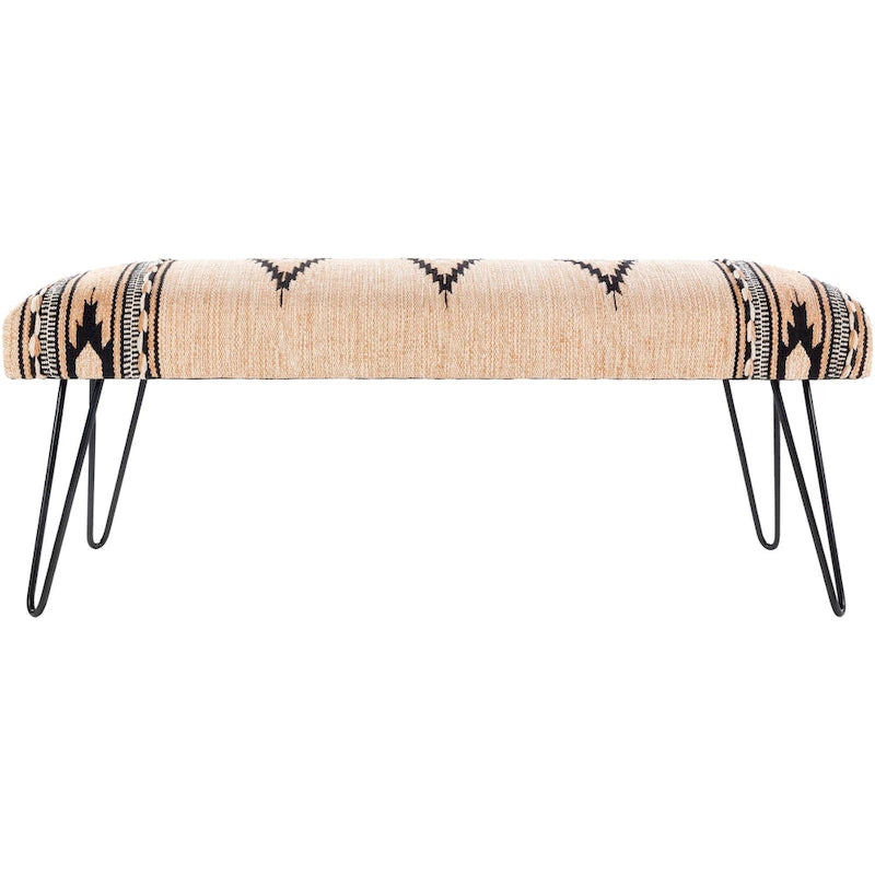 Banc rembourré de style sud-ouest, coton végétalien aztèque crème, pieds en épingle bleus foncés