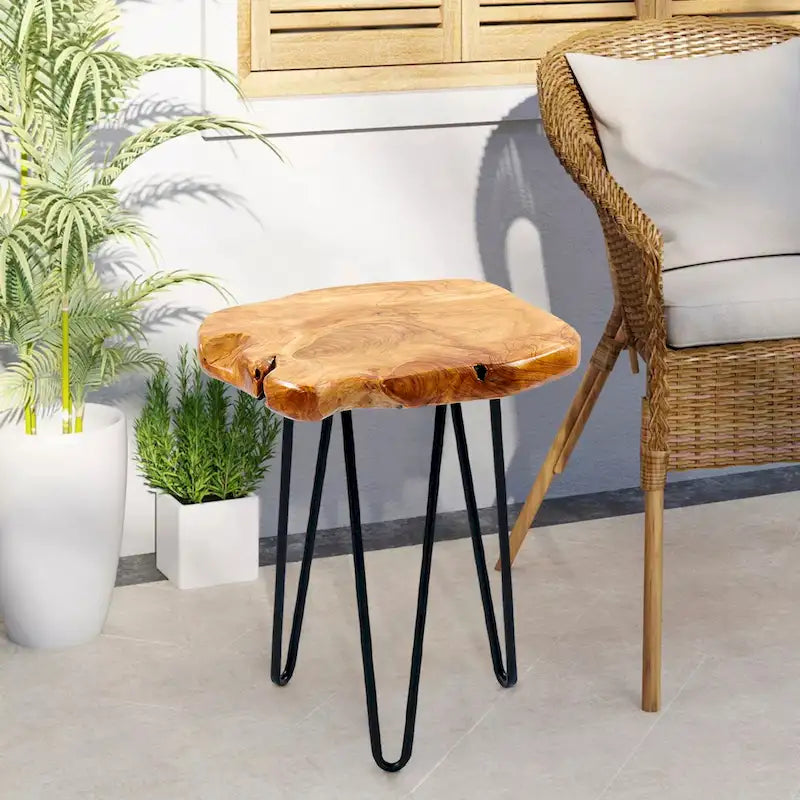 Table d'appoint en bois de forme naturelle avec pieds épingles noirs Marron Naturel