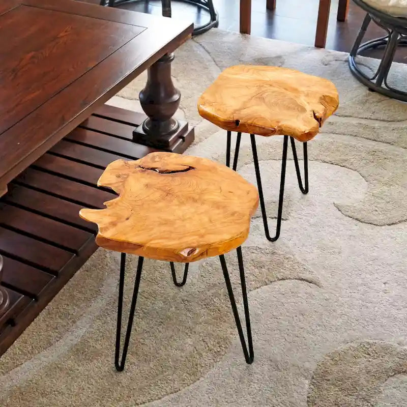 Table d'appoint en bois de forme naturelle avec pieds épingles noirs Marron Naturel