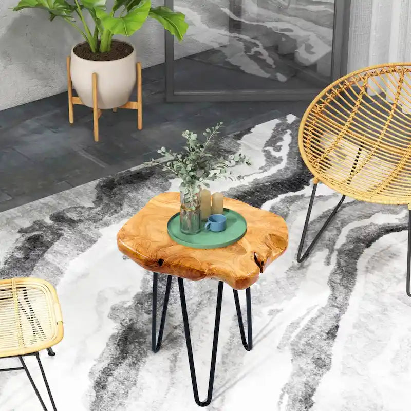 Table d'appoint en bois de forme naturelle avec pieds épingles noirs Marron Naturel