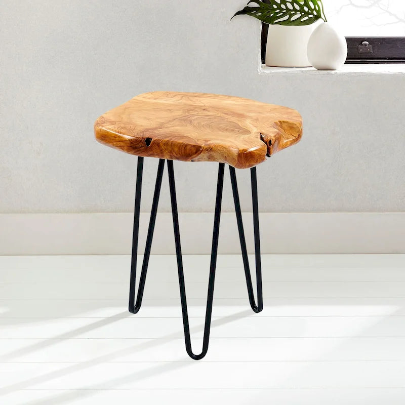 Table d'appoint en bois de forme naturelle avec pieds épingles noirs Marron Naturel
