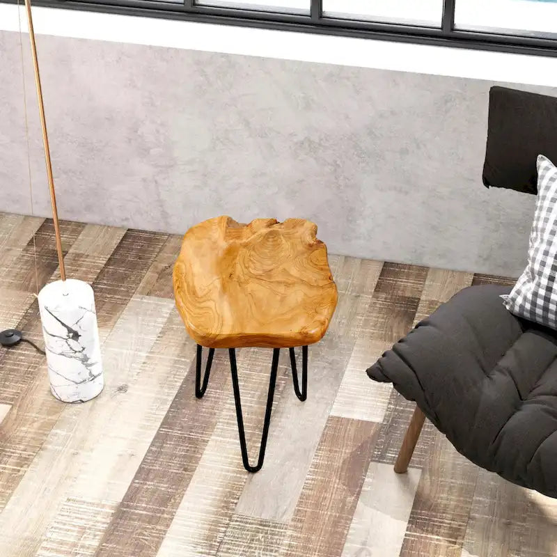 Table d'appoint en bois de forme naturelle avec pieds épingles noirs Marron Naturel
