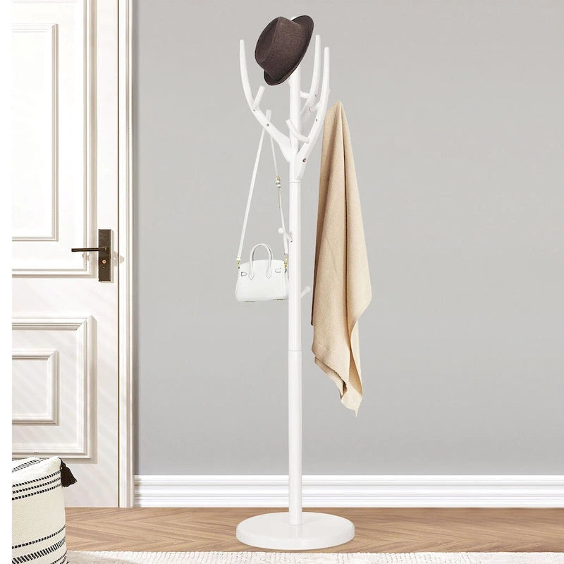 Porte-manteau sur pied en bois d'hévéa, 12 crochets, marron et blanc