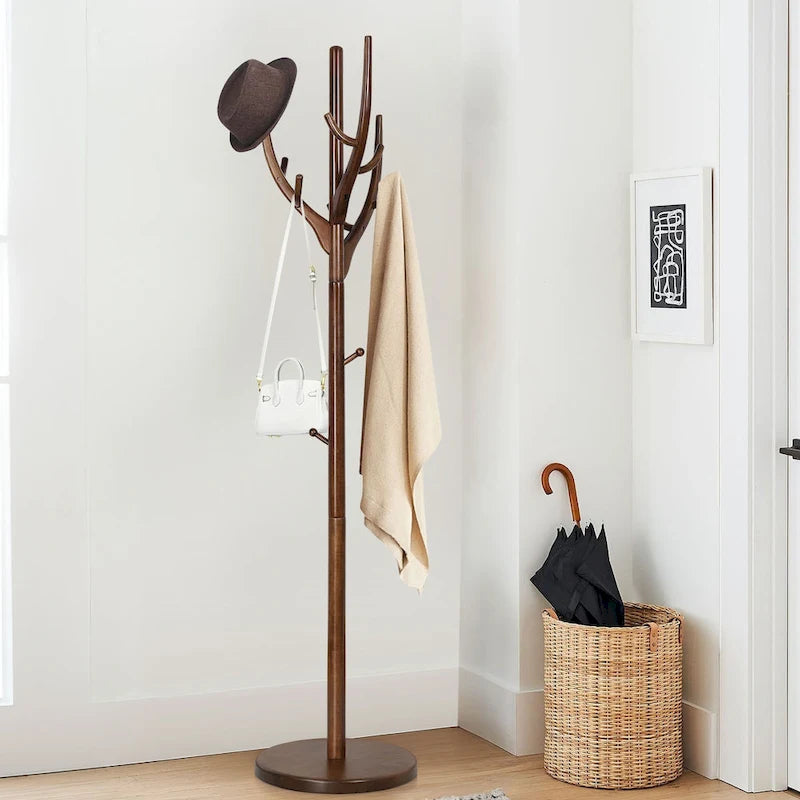 Porte-manteau sur pied en bois d'hévéa, 12 crochets, marron et blanc