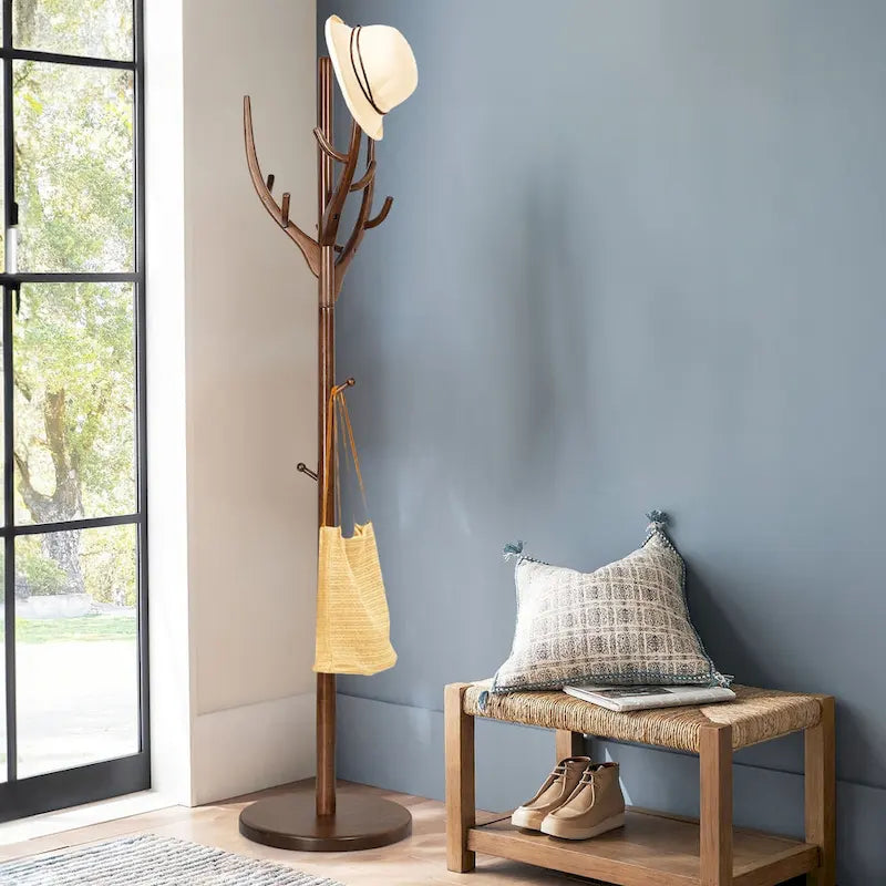 Porte-manteau sur pied en bois d'hévéa, 12 crochets, marron et blanc