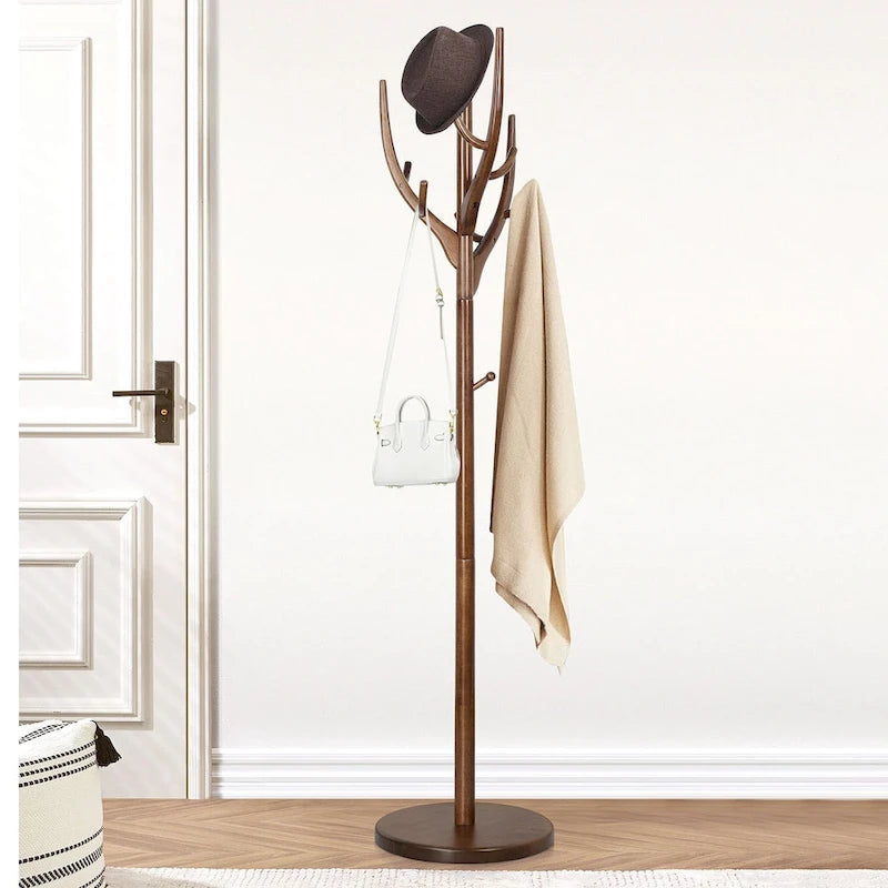 Porte-manteau sur pied en bois d'hévéa, 12 crochets, marron et blanc