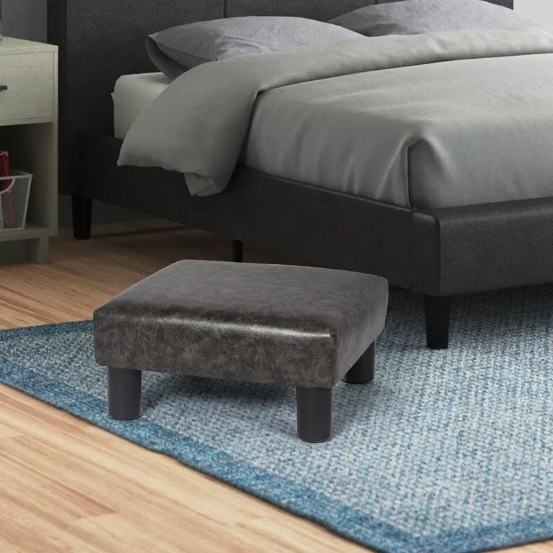 Repose-pieds/pouf carré en cuir PU gris foncé avec pieds en bois massif