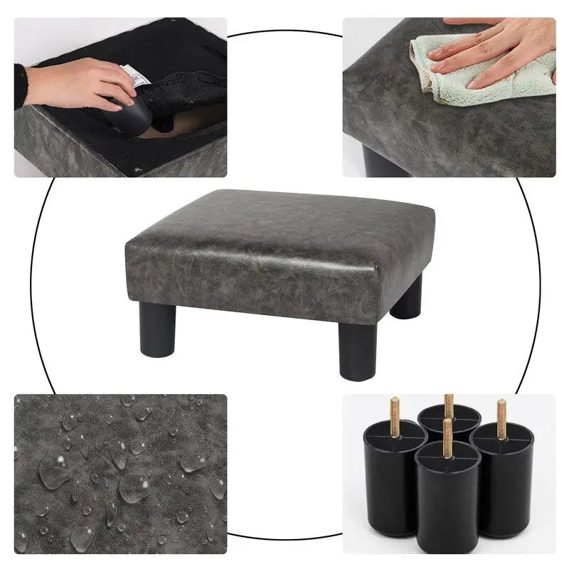 Repose-pieds/pouf carré en cuir PU gris foncé avec pieds en bois massif