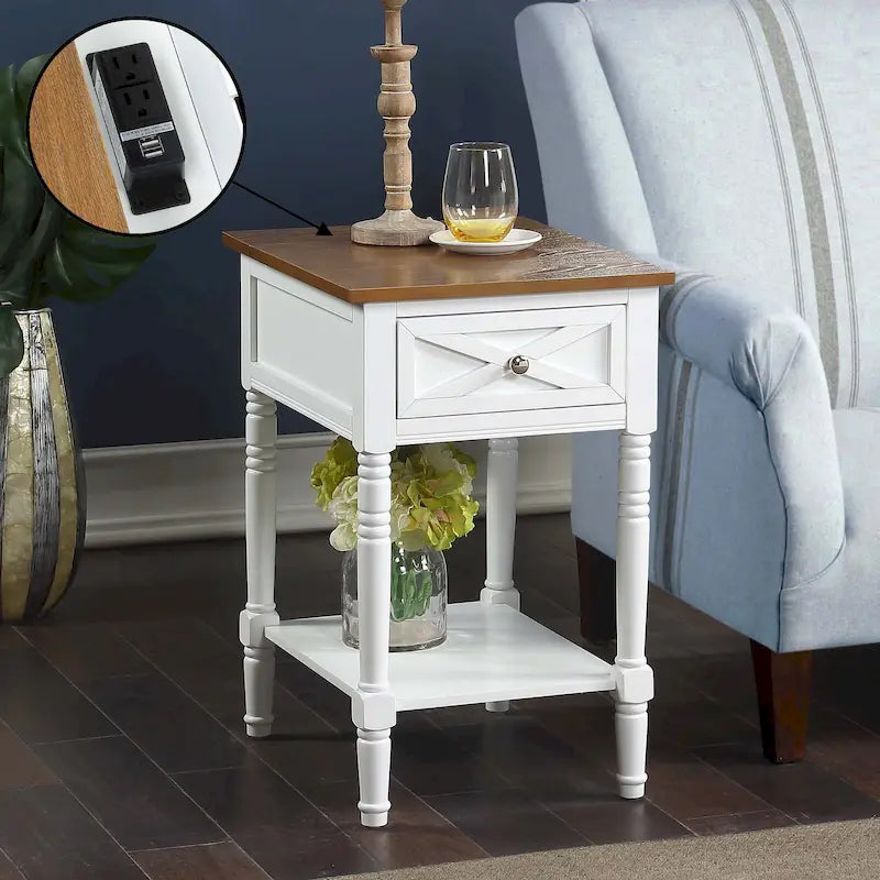 Table d'appoint de style ferme avec tiroir de charge et étagère, Blanc bois flotté