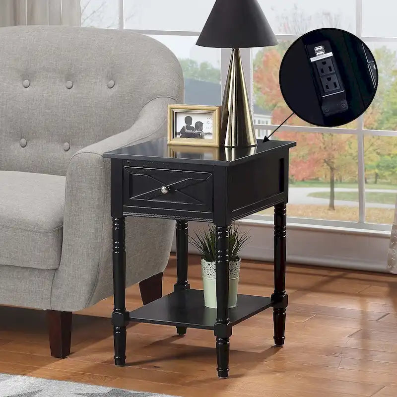 Table d'appoint de style ferme avec tiroir de charge et étagère, Blanc bois flotté