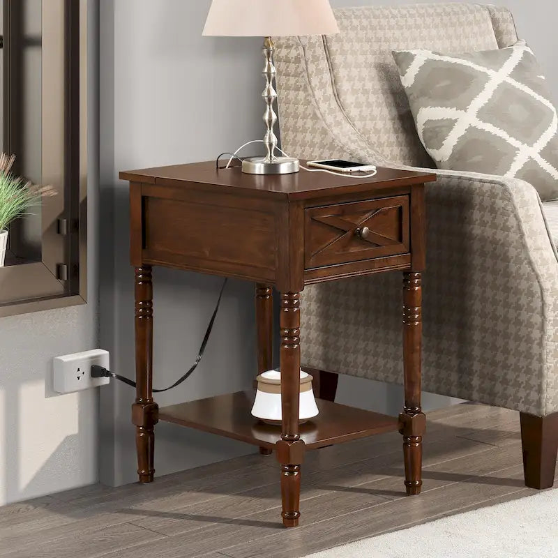 Table d'appoint de style ferme avec tiroir de charge et étagère, Blanc bois flotté