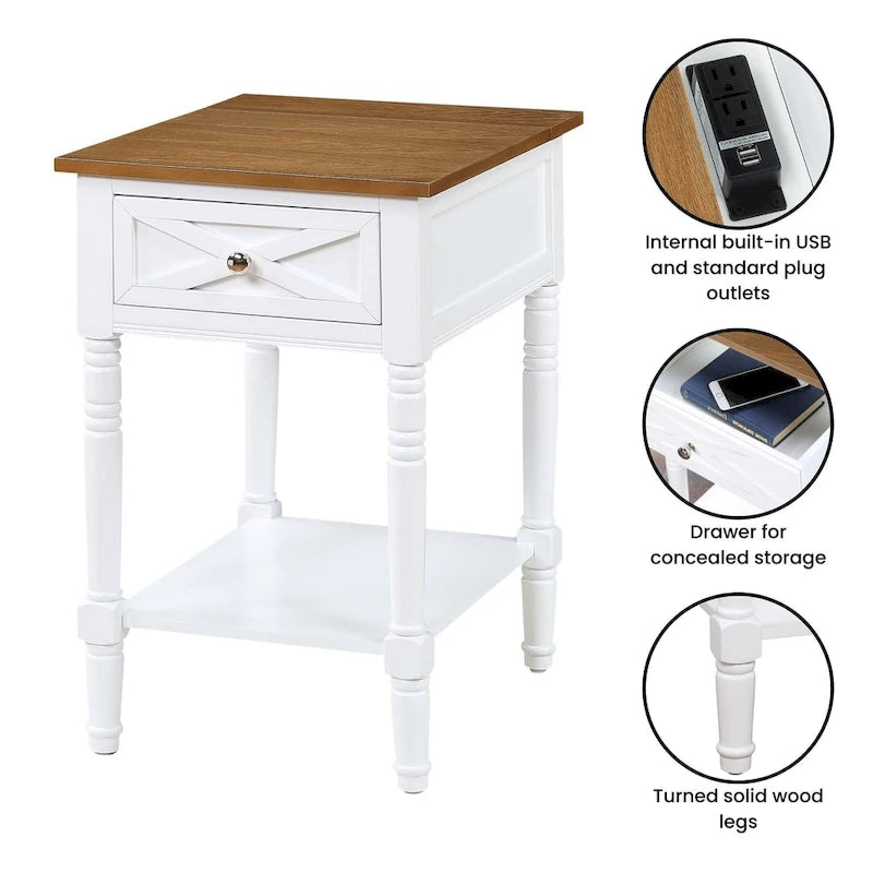 Table d'appoint de style ferme avec tiroir de charge et étagère, Blanc bois flotté