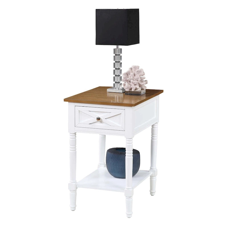 Table d'appoint de style ferme avec tiroir de charge et étagère, Blanc bois flotté