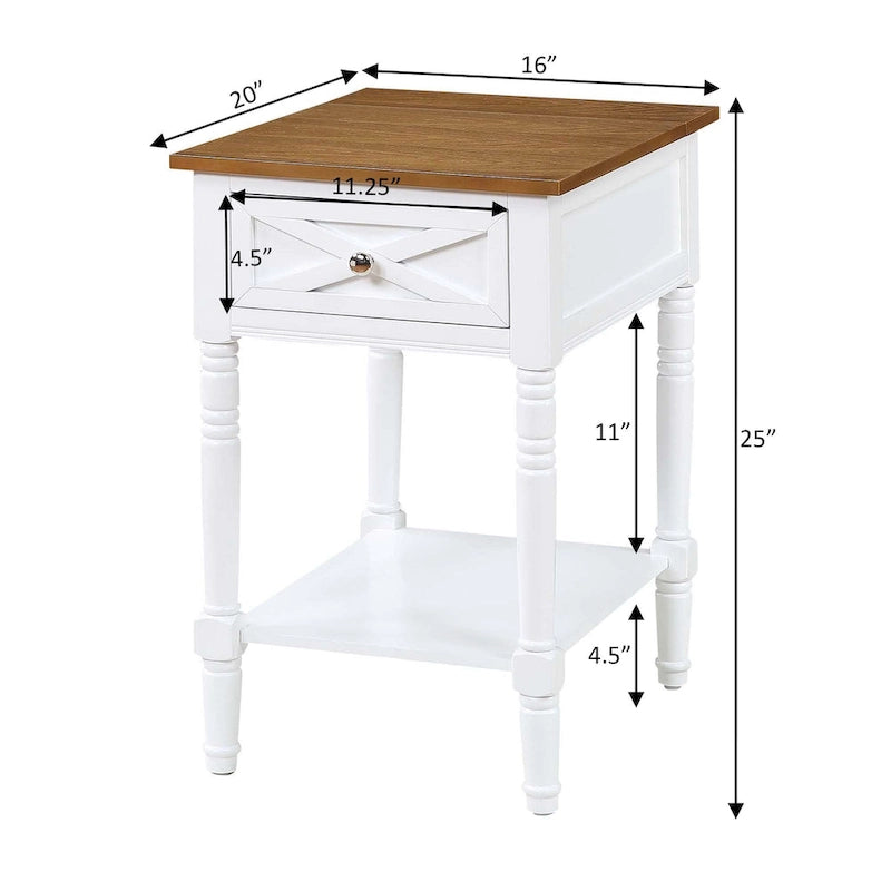Table d'appoint de style ferme avec tiroir de charge et étagère, Blanc bois flotté