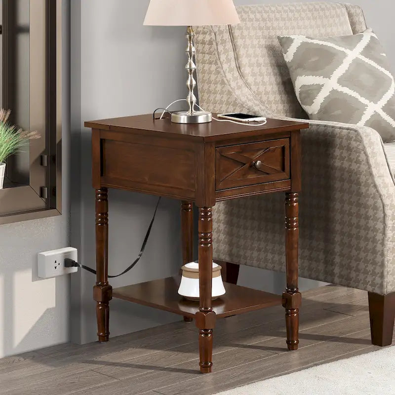 Table d'appoint de style ferme avec tiroir de charge et étagère, Blanc bois flotté