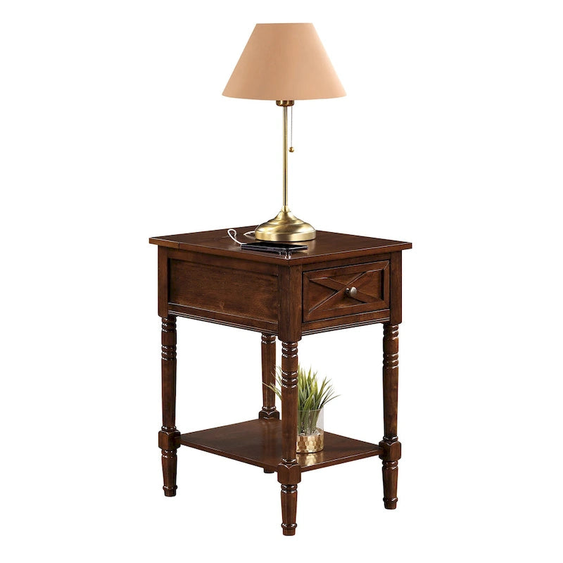 Table d'appoint de style ferme avec tiroir de charge et étagère, Blanc bois flotté