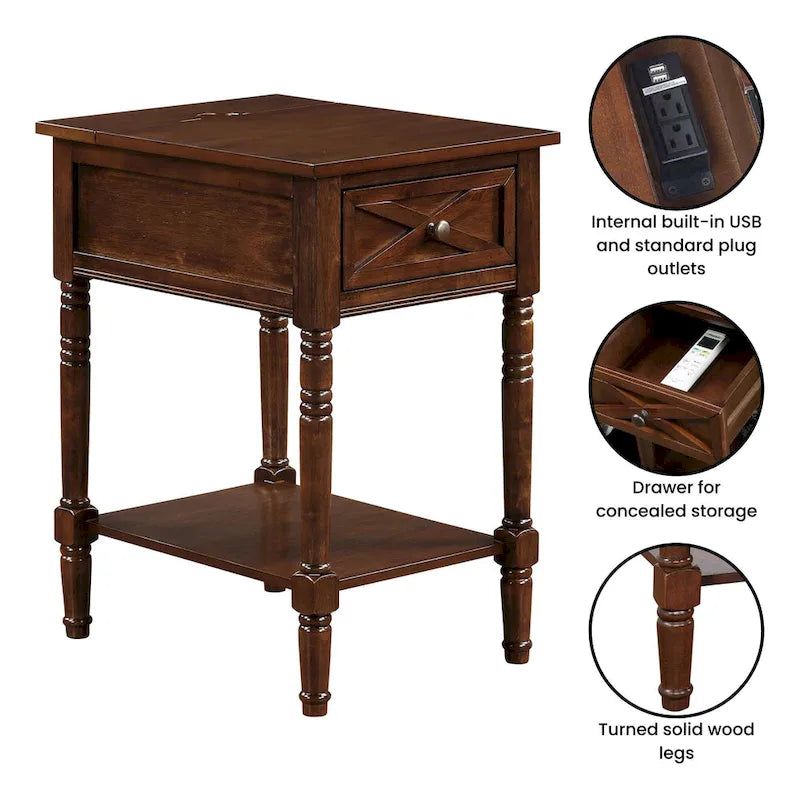 Table d'appoint de style ferme avec tiroir de charge et étagère, Blanc bois flotté
