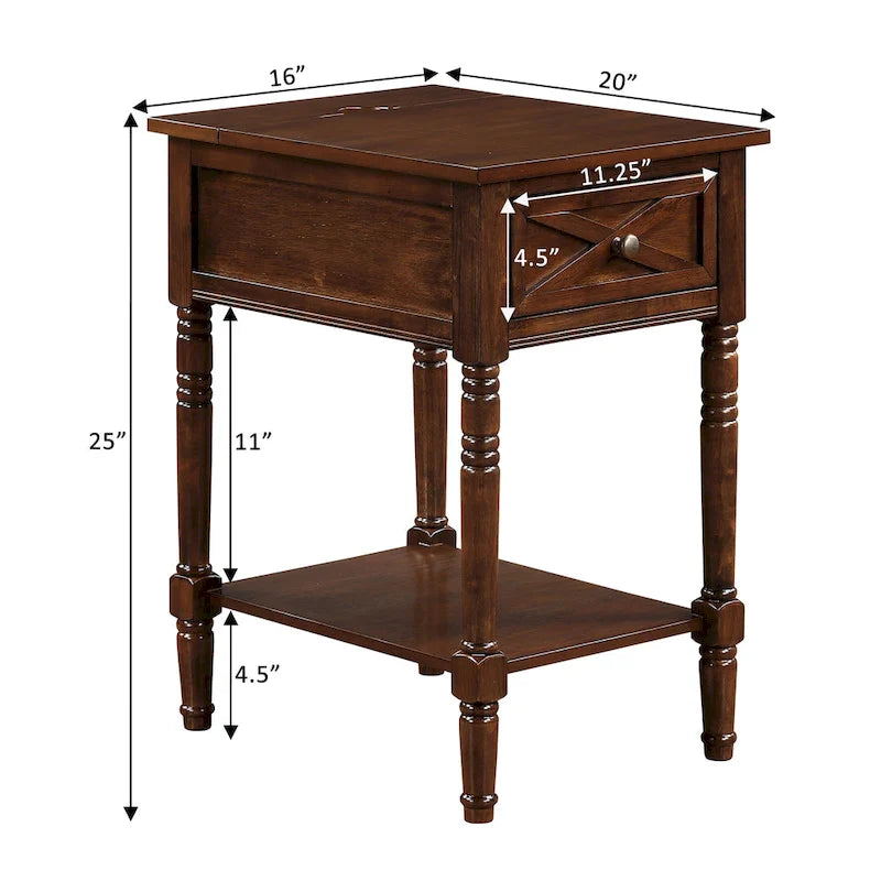 Table d'appoint de style ferme avec tiroir de charge et étagère, Blanc bois flotté