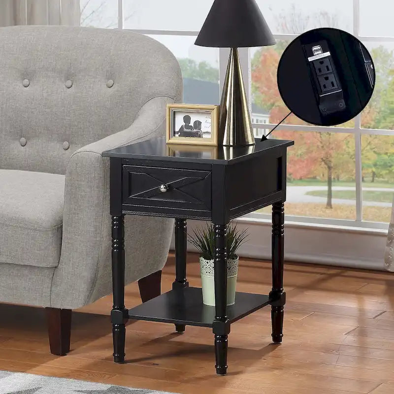 Table d'appoint de style ferme avec tiroir de charge et étagère, Blanc bois flotté