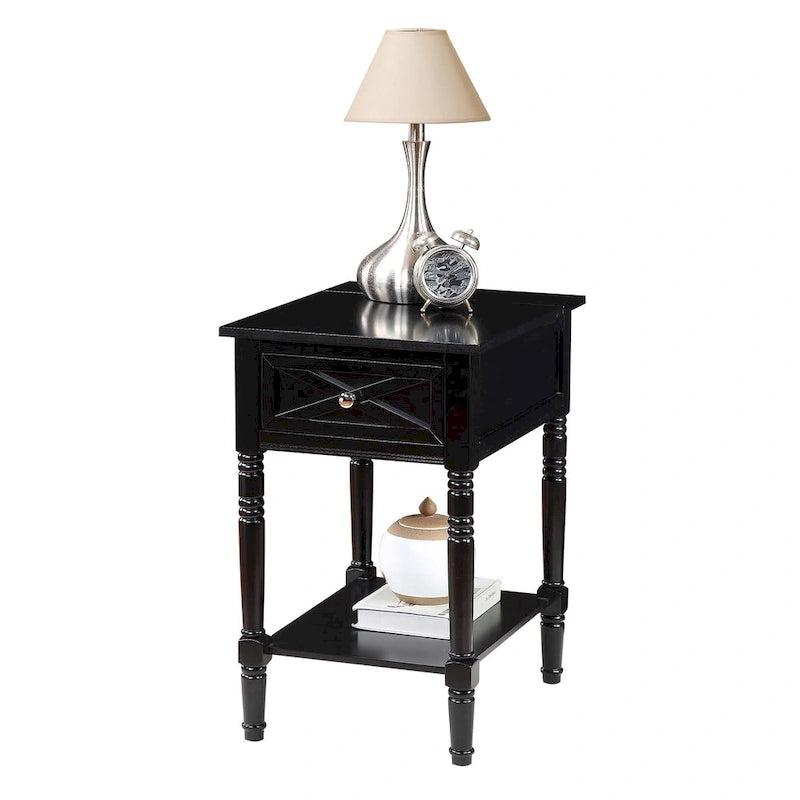 Table d'appoint de style ferme avec tiroir de charge et étagère, Blanc bois flotté