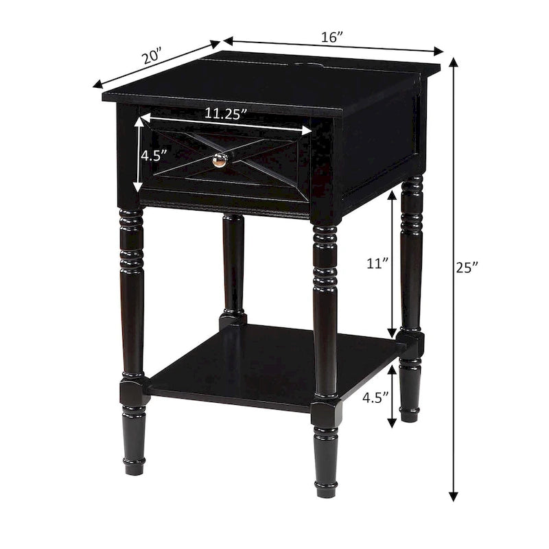 Table d'appoint de style ferme avec tiroir de charge et étagère, Blanc bois flotté