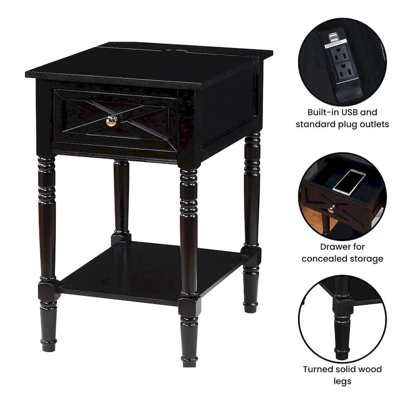 Table d'appoint de style ferme avec tiroir de charge et étagère, Blanc bois flotté