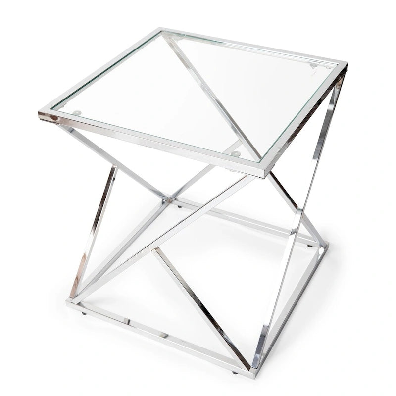 Table d'appoint carrée X-Frame en chrome argenté avec plateau en verre transparent