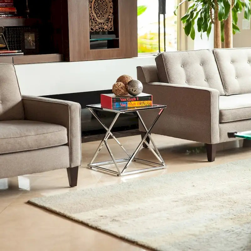 Table d'appoint carrée X-Frame en chrome argenté avec plateau en verre transparent