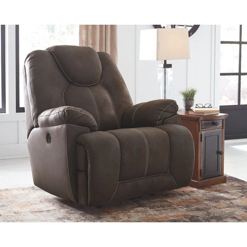 Fauteuil inclinable électrique relaxant en similicuir marron foncé avec dossier haut, chargement USB et appui-tête surdimensionné