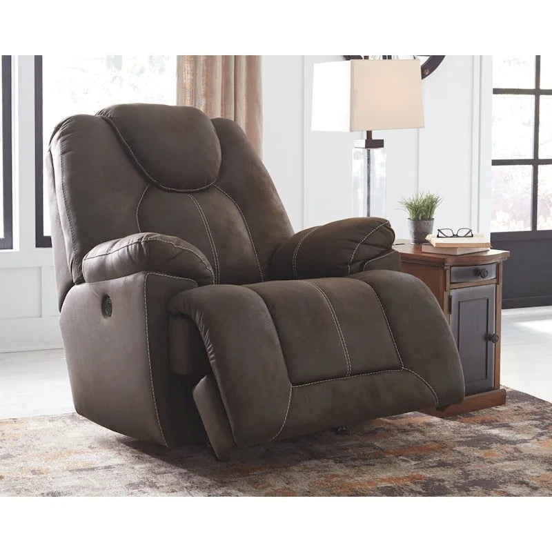 Fauteuil inclinable électrique relaxant en similicuir marron foncé avec dossier haut, chargement USB et appui-tête surdimensionné