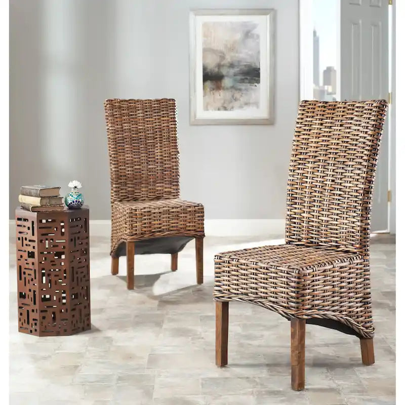 Chaise de salle à manger haute en rotin tressé, pieds en bois de manguier marron