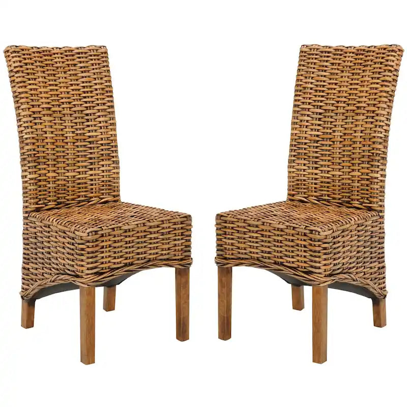 Chaise de salle à manger haute en rotin tressé, pieds en bois de manguier marron