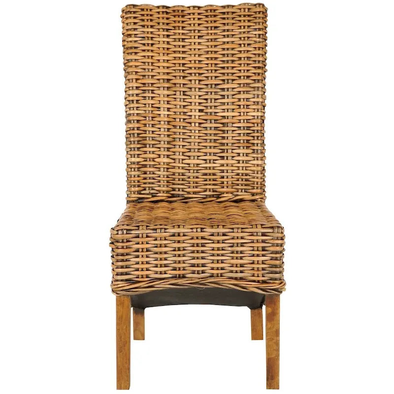 Chaise de salle à manger haute en rotin tressé, pieds en bois de manguier marron