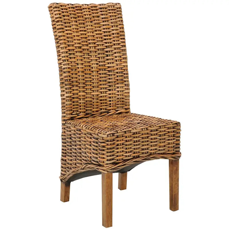 Chaise de salle à manger haute en rotin tressé, pieds en bois de manguier marron