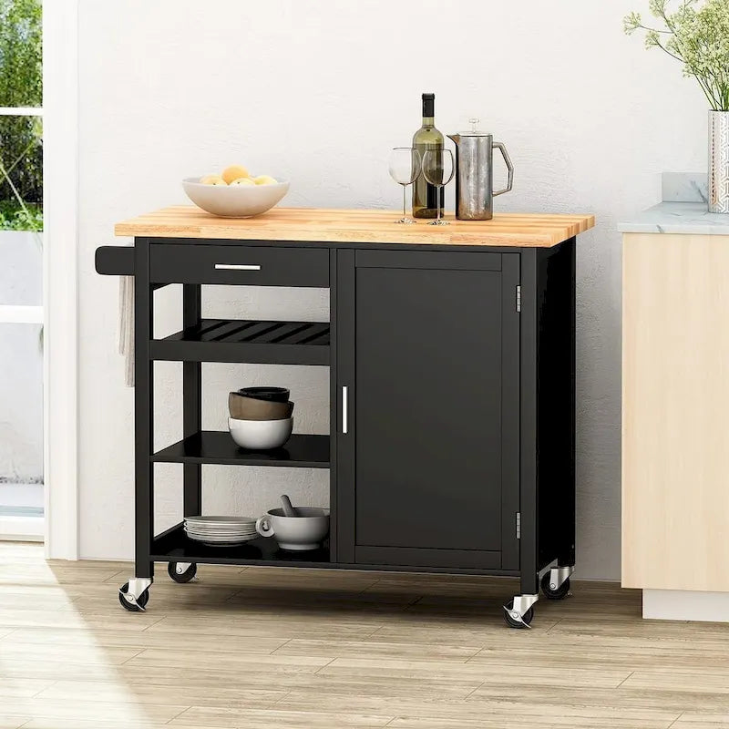 Desserte de cuisine noire roulante avec tiroir, armoire et étagères en bois d'hévéa