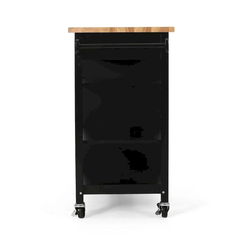 Desserte de cuisine noire roulante avec tiroir, armoire et étagères en bois d'hévéa