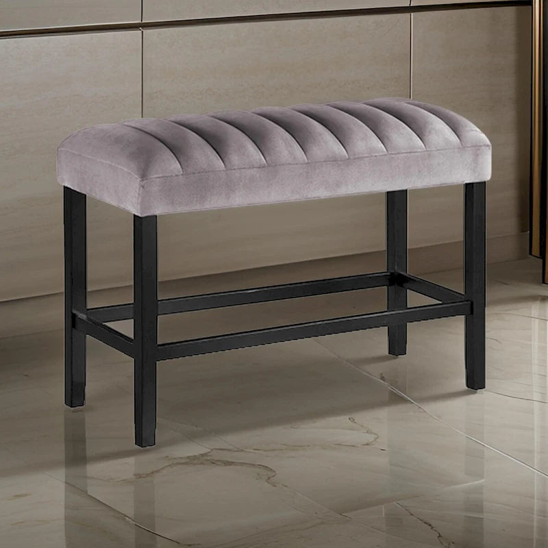 Banc de salle à manger à hauteur de comptoir en velours gris capitonné avec pieds en bois noir