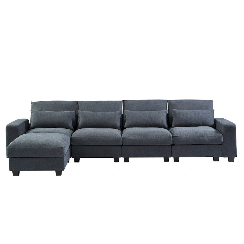 Canapé d'angle en forme de L avec méridienne réversible - Tissu lin gris foncé et beige