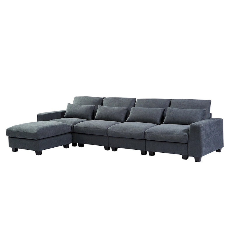 Canapé d'angle en forme de L avec méridienne réversible - Tissu lin gris foncé et beige