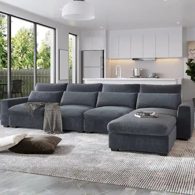 Canapé d'angle en forme de L avec méridienne réversible - Tissu lin gris foncé et beige