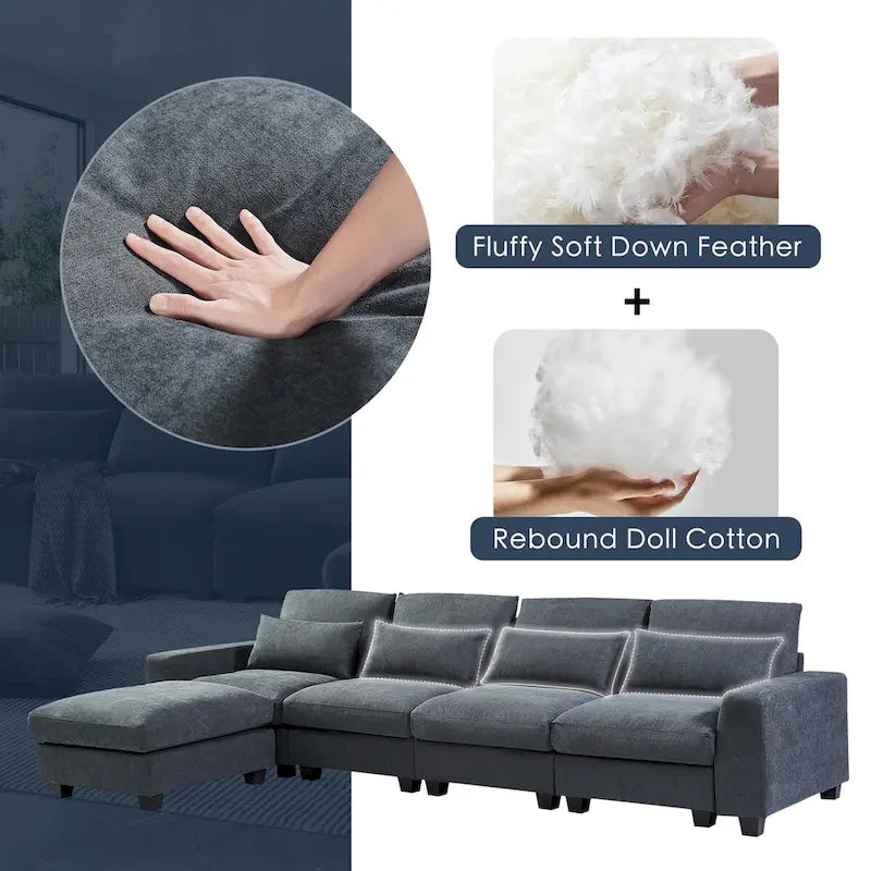 Canapé d'angle en forme de L avec méridienne réversible - Tissu lin gris foncé et beige